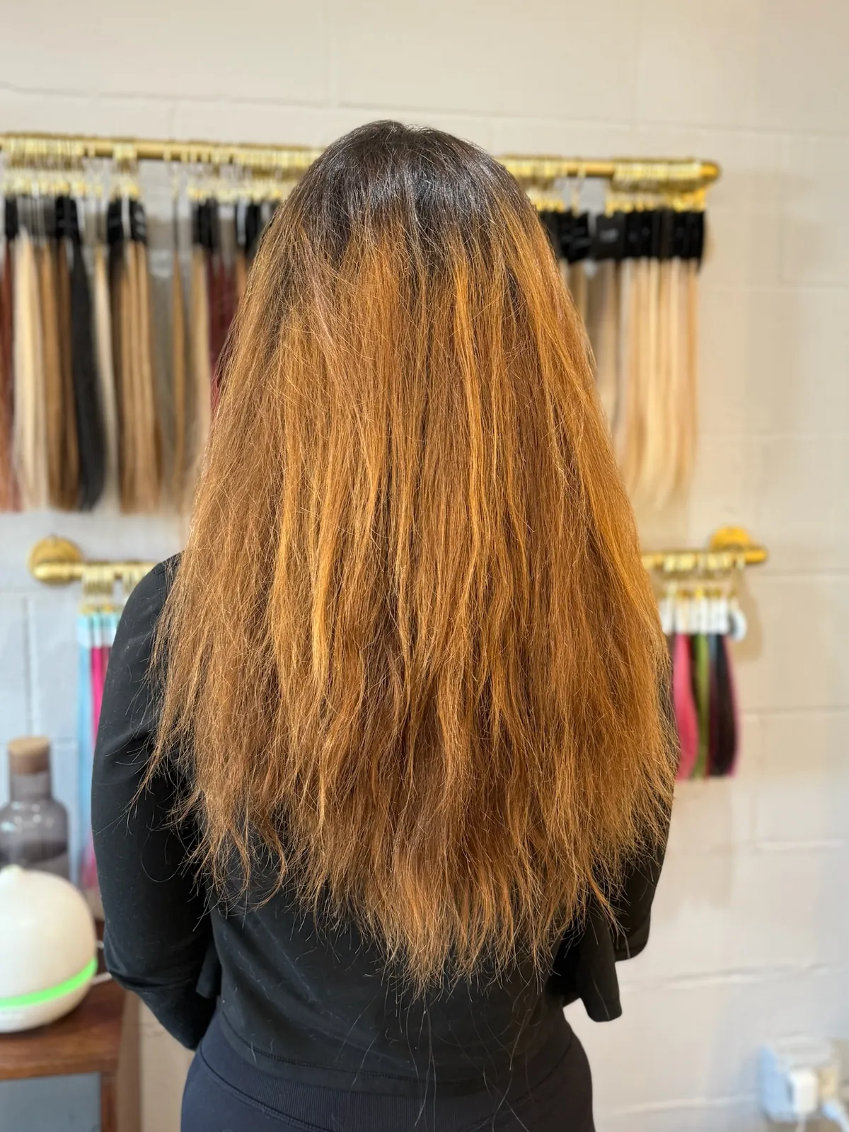 Before: long straight hair with faded copper ends.