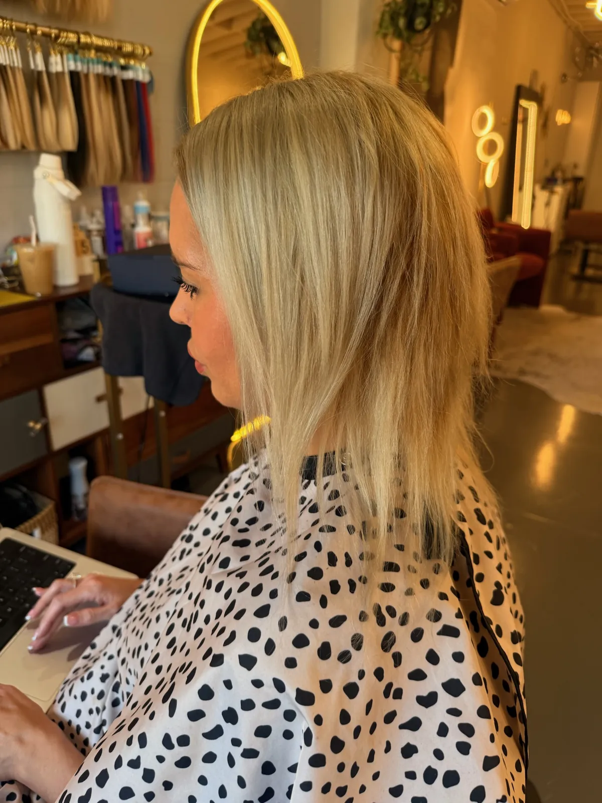 Before: shoulder length platinum blonde hair from the side.