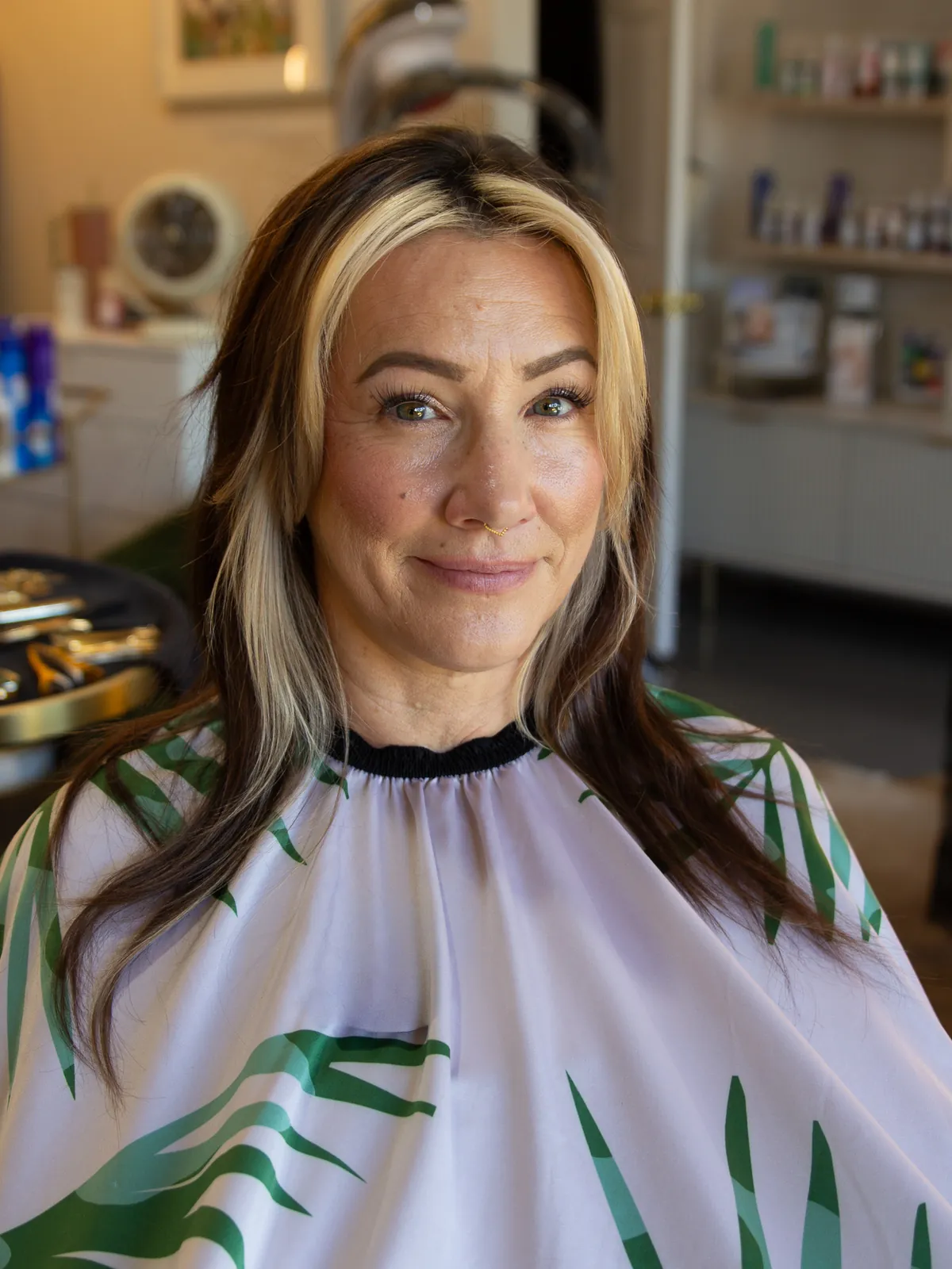 Before: shoulder length brunette hair with a blonde front piece.